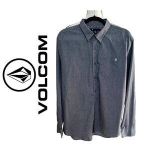 VOLCOM Men's Size Large Long Sleeve Button Up Shirt Gray Stone Logo Y2K